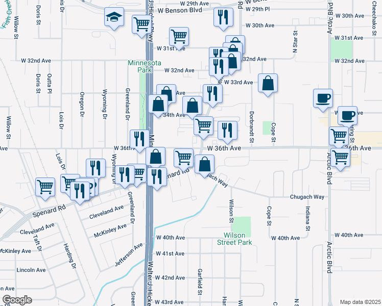 map of restaurants, bars, coffee shops, grocery stores, and more near 3600 Spenard Road in Anchorage