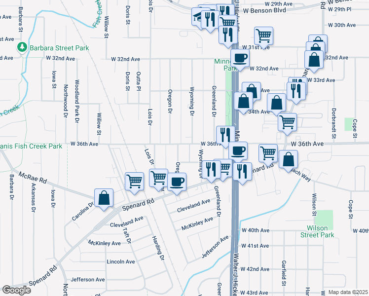 map of restaurants, bars, coffee shops, grocery stores, and more near 6 West 36th Avenue in Anchorage
