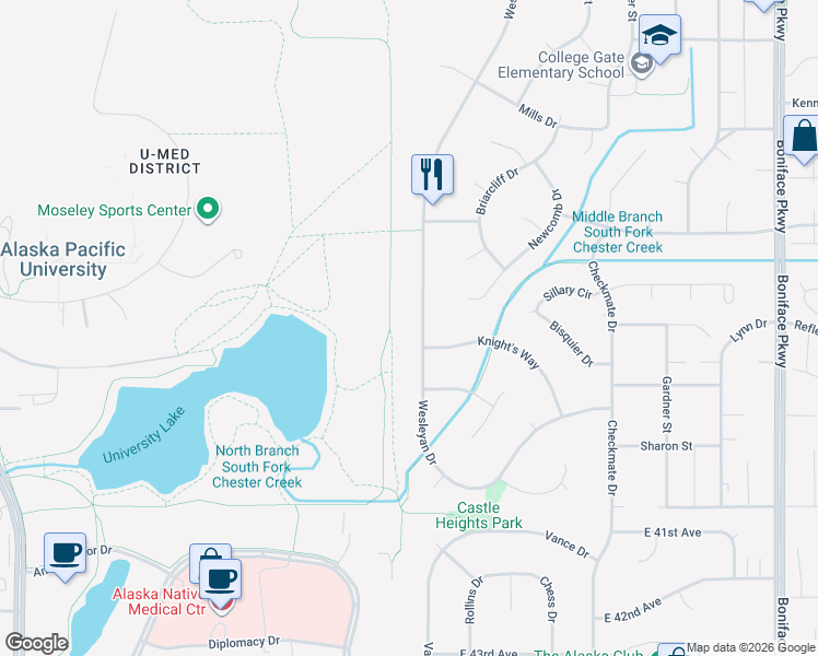 map of restaurants, bars, coffee shops, grocery stores, and more near 3608 Wesleyan Drive in Anchorage