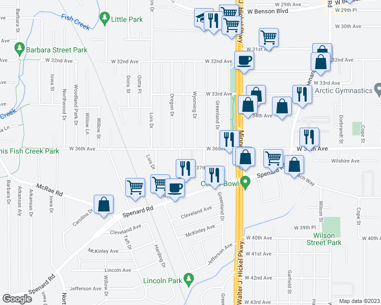 map of restaurants, bars, coffee shops, grocery stores, and more near 6 West 36th Avenue in Anchorage