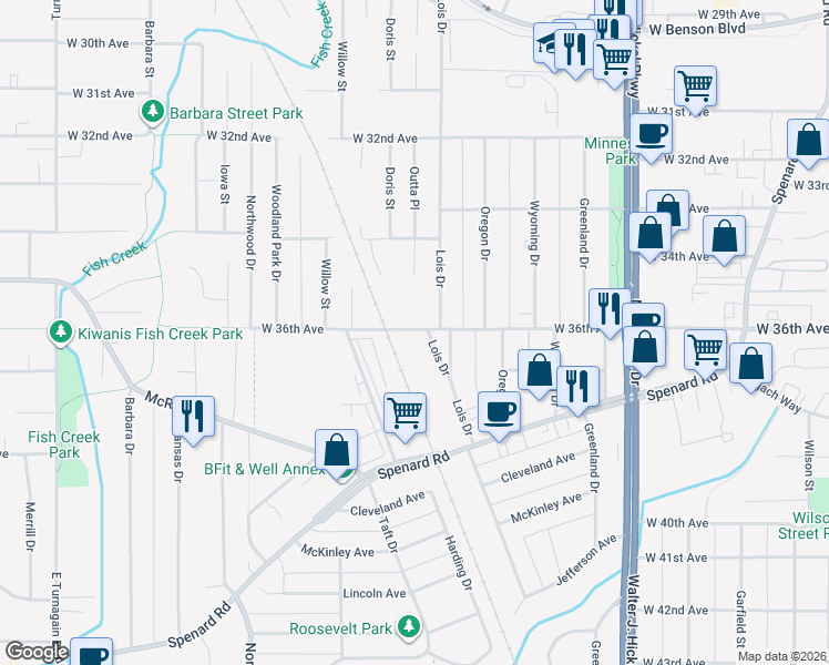 map of restaurants, bars, coffee shops, grocery stores, and more near 2026 West 36th Avenue in Anchorage