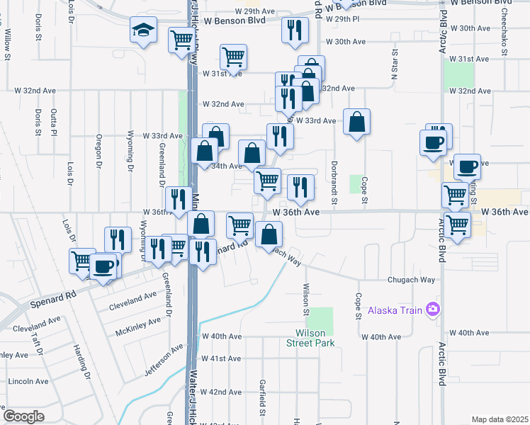 map of restaurants, bars, coffee shops, grocery stores, and more near Spenard Rd & W 36th Ave in Anchorage