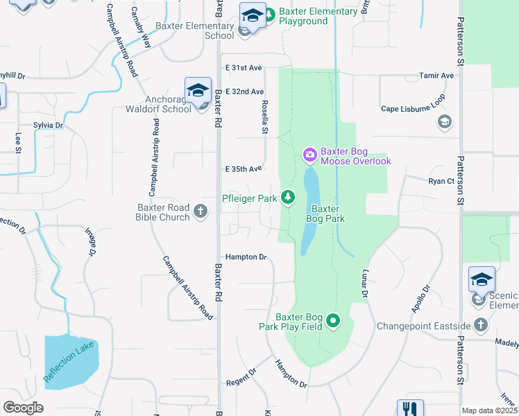 map of restaurants, bars, coffee shops, grocery stores, and more near 3605 Burl Court in Anchorage