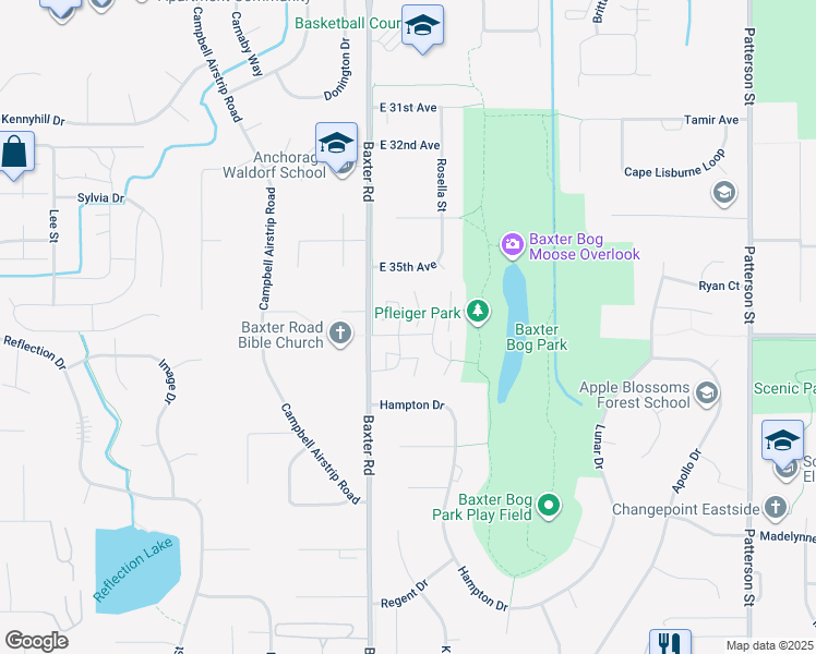 map of restaurants, bars, coffee shops, grocery stores, and more near 3605 Burl Court in Anchorage