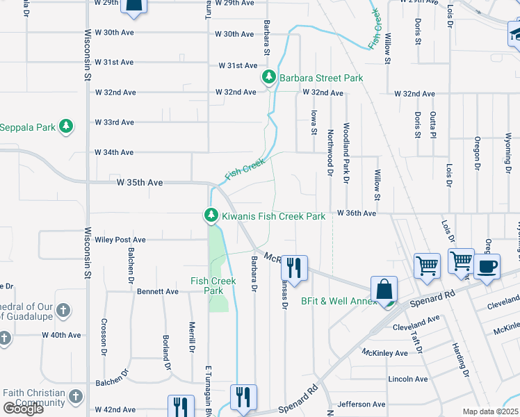 map of restaurants, bars, coffee shops, grocery stores, and more near 2530 Abbey Lane in Anchorage