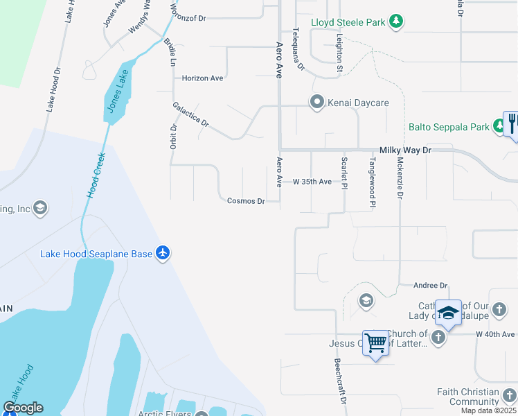 map of restaurants, bars, coffee shops, grocery stores, and more near 3930 Cosmos Drive in Anchorage