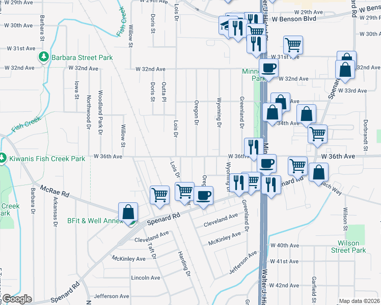 map of restaurants, bars, coffee shops, grocery stores, and more near 1901 West 36th Avenue in Anchorage