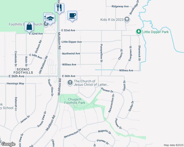 map of restaurants, bars, coffee shops, grocery stores, and more near 8201 East 36th Avenue in Anchorage