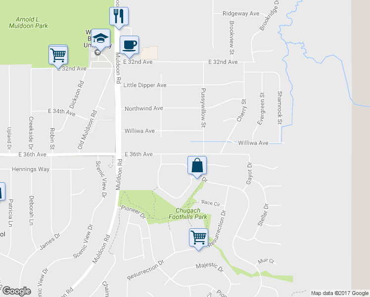 map of restaurants, bars, coffee shops, grocery stores, and more near 3946 Sycamore Loop in Anchorage