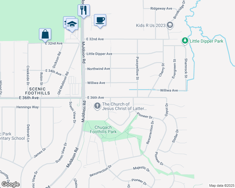 map of restaurants, bars, coffee shops, grocery stores, and more near 4036 Sycamore Loop in Anchorage
