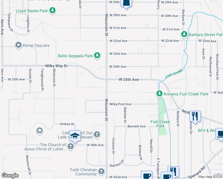 map of restaurants, bars, coffee shops, grocery stores, and more near 2800-3198 W 36th Ave in Anchorage