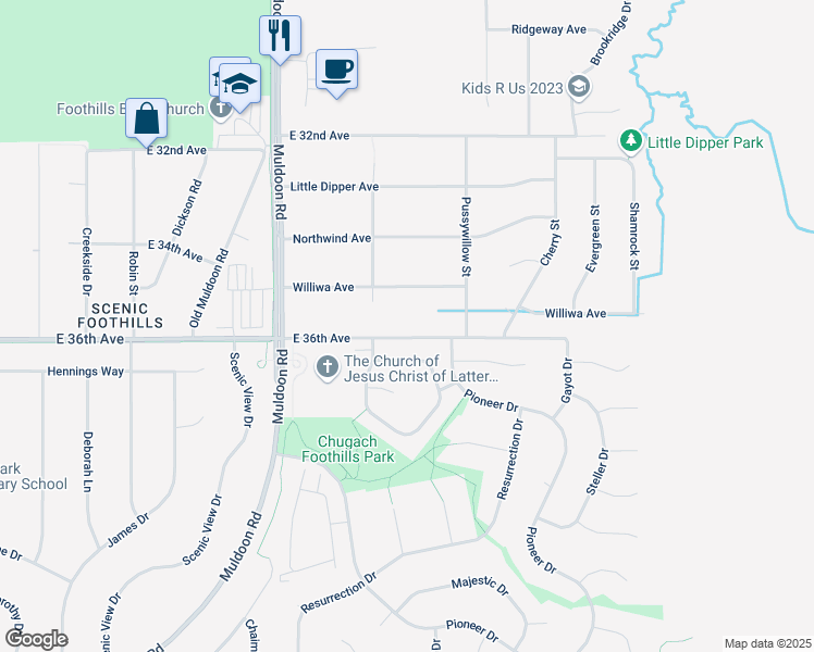 map of restaurants, bars, coffee shops, grocery stores, and more near 8131 East 36th Avenue in Anchorage