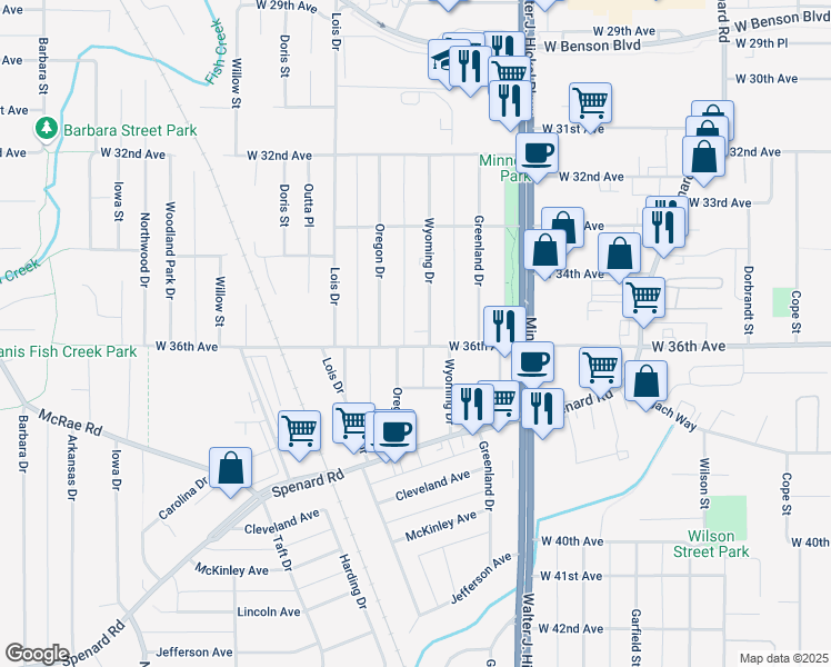 map of restaurants, bars, coffee shops, grocery stores, and more near 3506 Wyoming Drive in Anchorage