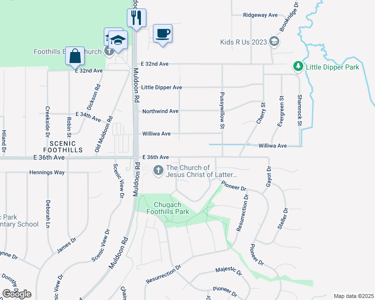 map of restaurants, bars, coffee shops, grocery stores, and more near 4036 Sycamore Loop in Anchorage