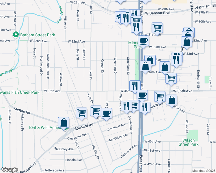 map of restaurants, bars, coffee shops, grocery stores, and more near 1807 West 36th Avenue in Anchorage