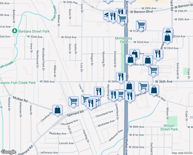 map of restaurants, bars, coffee shops, grocery stores, and more near 6 West 36th Avenue in Anchorage
