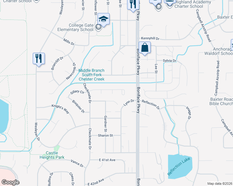 map of restaurants, bars, coffee shops, grocery stores, and more near 3605 Leslie Street in Anchorage