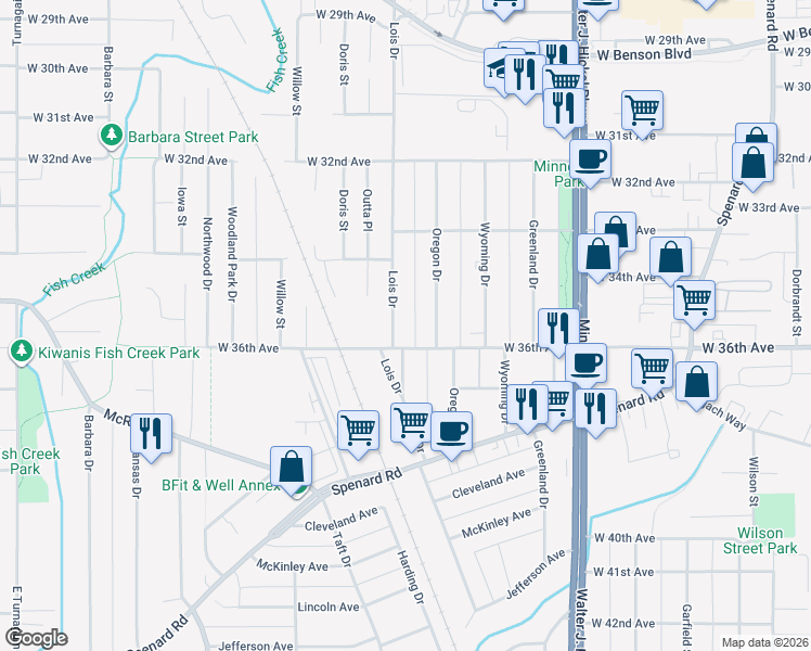 map of restaurants, bars, coffee shops, grocery stores, and more near 2000 West 36th Avenue in Anchorage