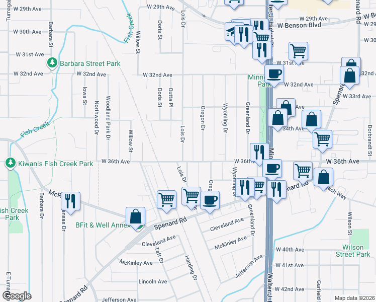 map of restaurants, bars, coffee shops, grocery stores, and more near 2000 West 36th Avenue in Anchorage