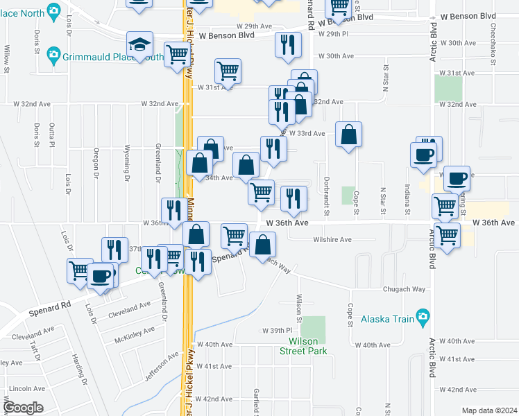 map of restaurants, bars, coffee shops, grocery stores, and more near Spenard Rd & W 35th Ave in Anchorage