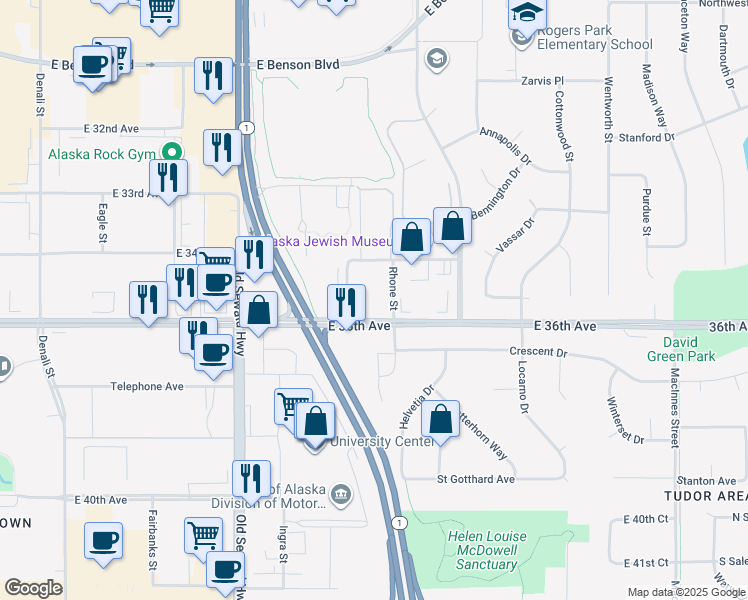 map of restaurants, bars, coffee shops, grocery stores, and more near 3606 Rhone Circle in Anchorage