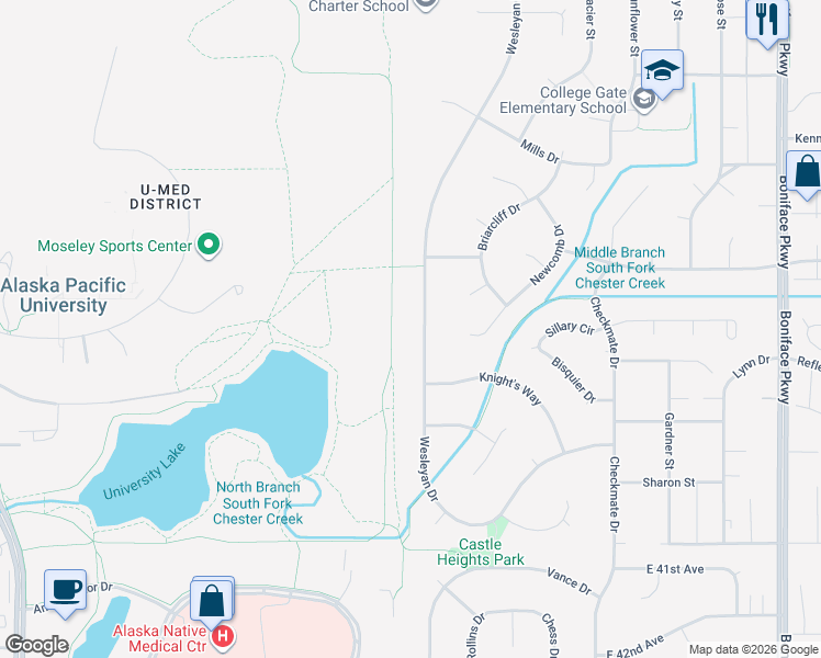 map of restaurants, bars, coffee shops, grocery stores, and more near 3608 Wesleyan Drive in Anchorage