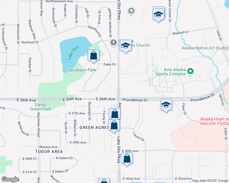 map of restaurants, bars, coffee shops, grocery stores, and more near 2216 East 36th Avenue in Anchorage