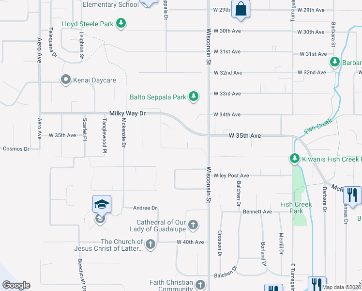 map of restaurants, bars, coffee shops, grocery stores, and more near 3257 Wiley Post Loop in Anchorage