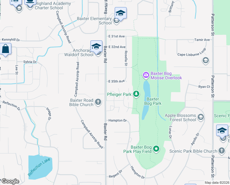 map of restaurants, bars, coffee shops, grocery stores, and more near 6400 Village Parkway in Anchorage