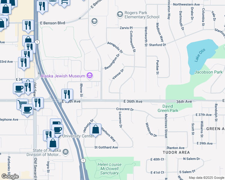 map of restaurants, bars, coffee shops, grocery stores, and more near 3514 Vassar Drive in Anchorage