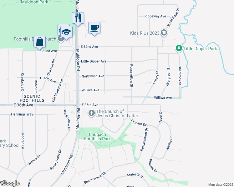 map of restaurants, bars, coffee shops, grocery stores, and more near 8131 Williwa Avenue in Anchorage