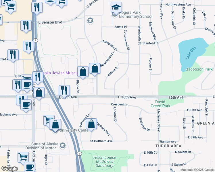 map of restaurants, bars, coffee shops, grocery stores, and more near 3514 Vassar Drive in Anchorage