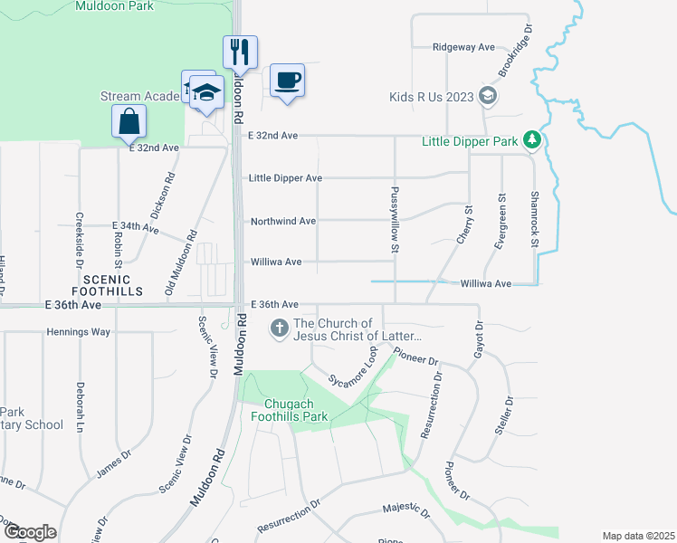 map of restaurants, bars, coffee shops, grocery stores, and more near 8130 Williwa Avenue in Anchorage