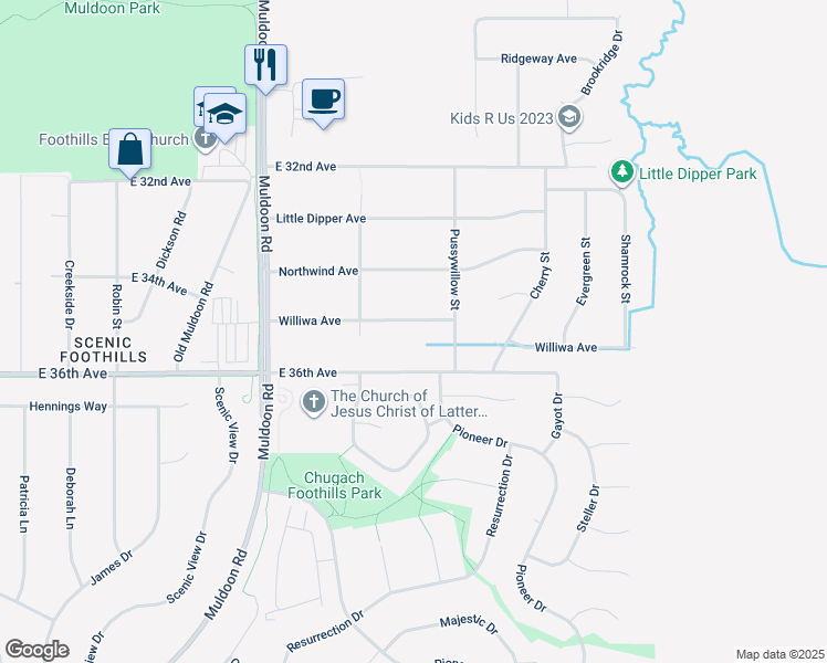 map of restaurants, bars, coffee shops, grocery stores, and more near 8160 Williwa Avenue in Anchorage