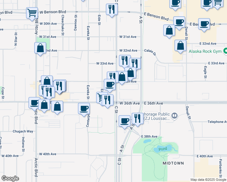 map of restaurants, bars, coffee shops, grocery stores, and more near 331 West 34th Avenue in Anchorage