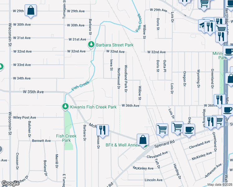 map of restaurants, bars, coffee shops, grocery stores, and more near 3510 Northwood Drive in Anchorage