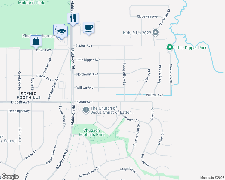 map of restaurants, bars, coffee shops, grocery stores, and more near 8221 Williwa Avenue in Anchorage