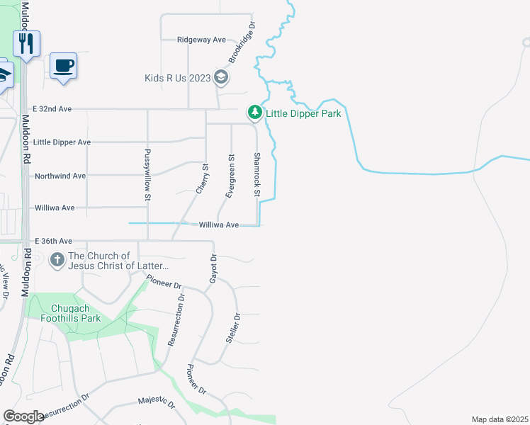 map of restaurants, bars, coffee shops, grocery stores, and more near 3430 Shamrock Street in Anchorage