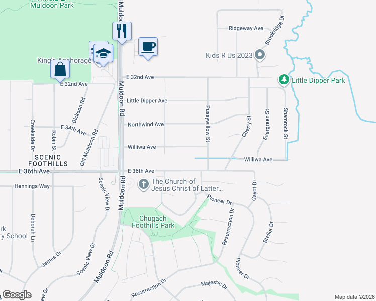 map of restaurants, bars, coffee shops, grocery stores, and more near 8221 Williwa Avenue in Anchorage