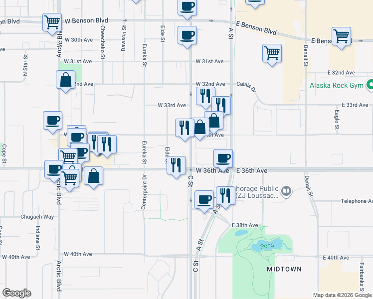 map of restaurants, bars, coffee shops, grocery stores, and more near 331 West 34th Avenue in Anchorage