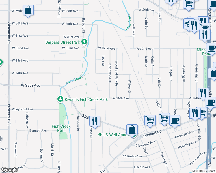 map of restaurants, bars, coffee shops, grocery stores, and more near 3500 Northwood Drive in Anchorage