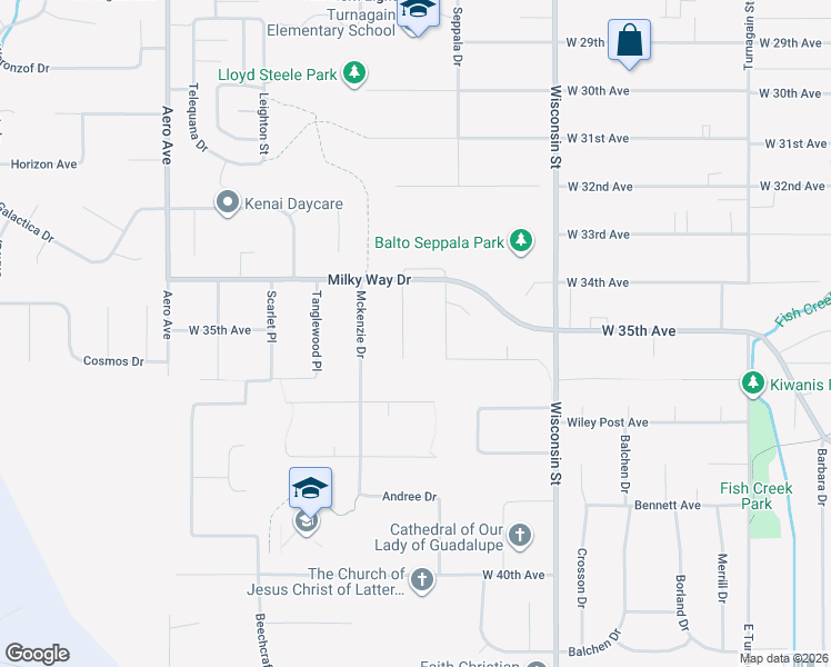 map of restaurants, bars, coffee shops, grocery stores, and more near 3434 Orion Circle in Anchorage