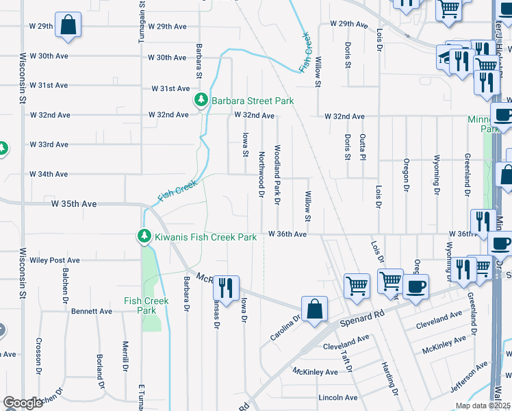 map of restaurants, bars, coffee shops, grocery stores, and more near 3505 Iowa Street in Anchorage