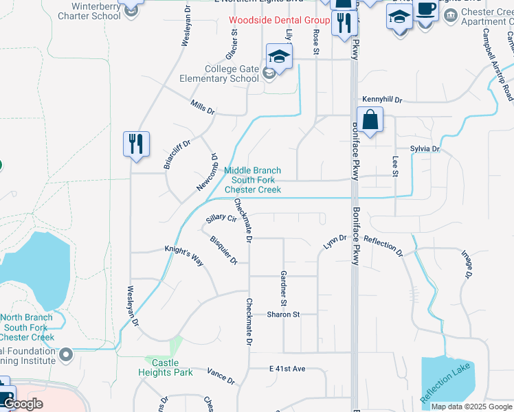 map of restaurants, bars, coffee shops, grocery stores, and more near 5236 Emmanuel Avenue in Anchorage