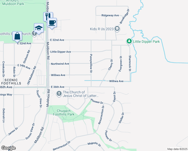map of restaurants, bars, coffee shops, grocery stores, and more near 3411 Pussywillow Street in Anchorage