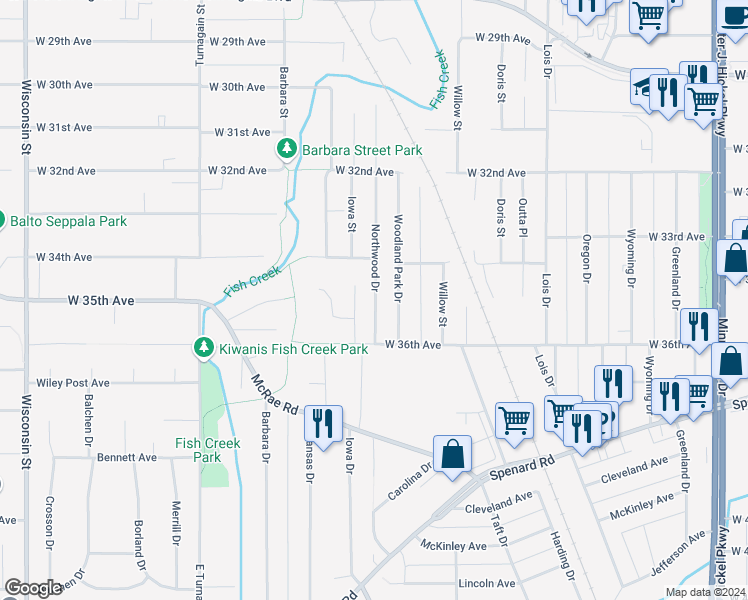 map of restaurants, bars, coffee shops, grocery stores, and more near 2400 West 34th Avenue in Anchorage