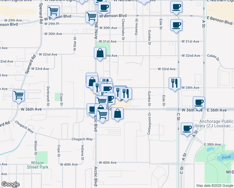 map of restaurants, bars, coffee shops, grocery stores, and more near 660 West 34th Avenue in Anchorage
