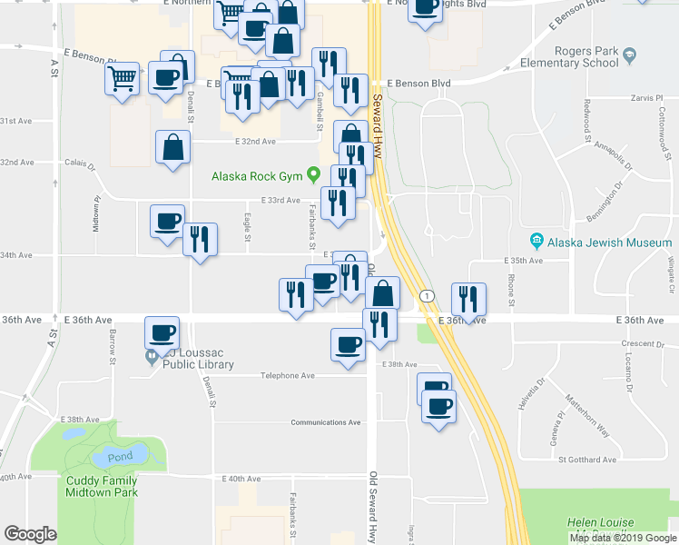map of restaurants, bars, coffee shops, grocery stores, and more near 3343 Fairbanks Street in Anchorage