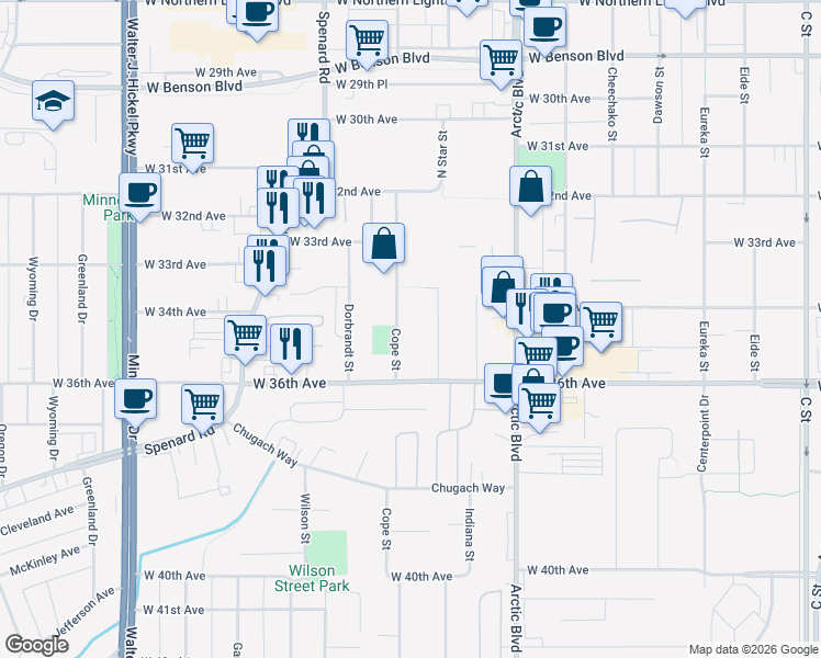 map of restaurants, bars, coffee shops, grocery stores, and more near 3405 Cope Street in Anchorage