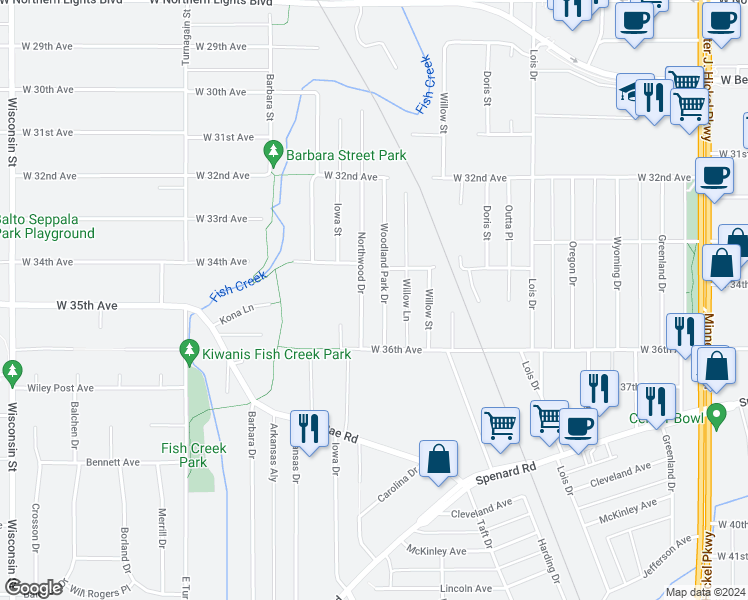 map of restaurants, bars, coffee shops, grocery stores, and more near 2400 West 34th Avenue in Anchorage